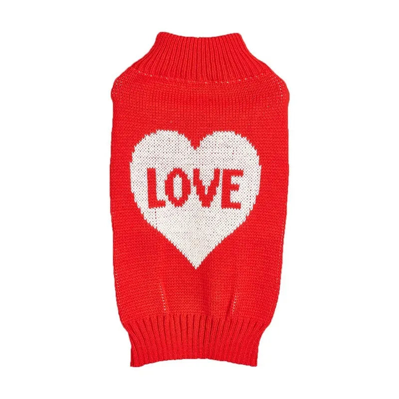 Red love heart design dog sweater with bow detail on acrylic pet clothing