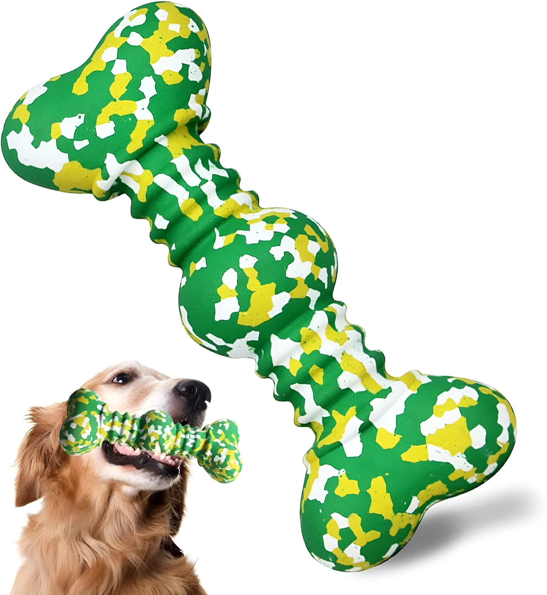 Green, white, and yellow camouflaged natural rubber bone chew toy for large dogs on a plain background.