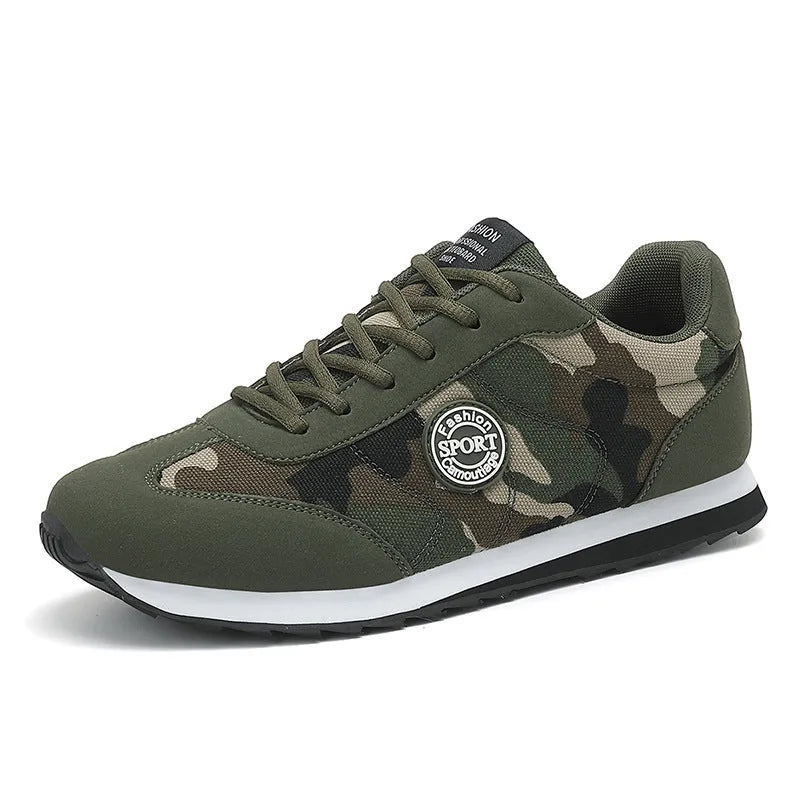 Camouflage pattern suede low-top running shoes with mesh lining on a flat foam sole.