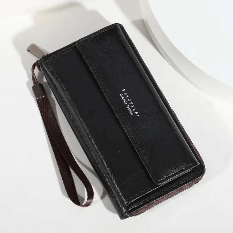 Men's PU leather long wallet showing multiple card slots in black colour option