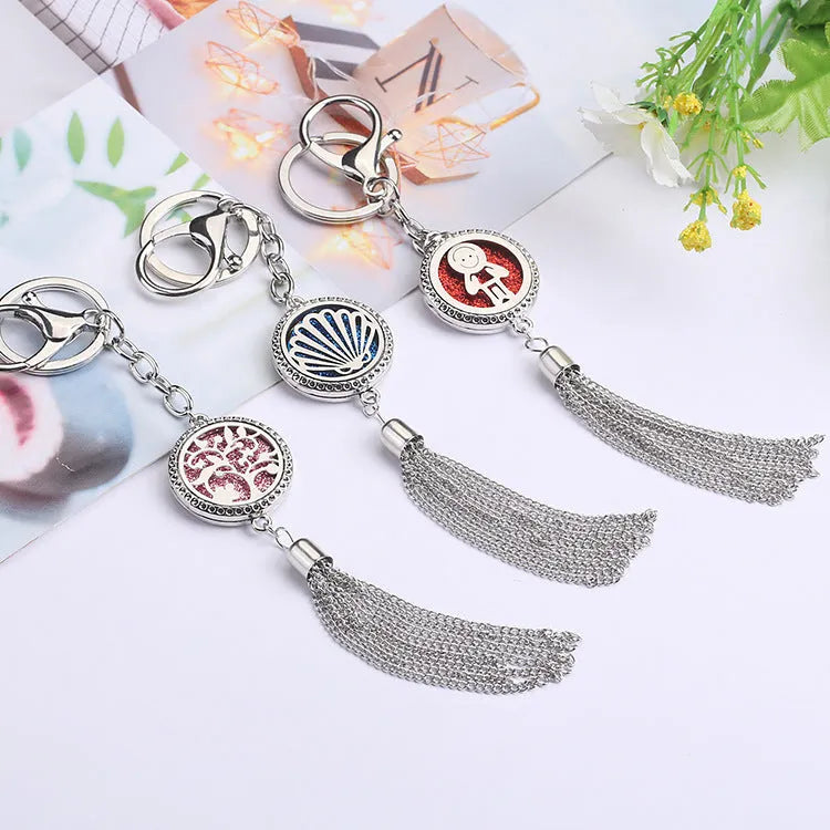 Alloy tassel aromatherapy car pendant with circular box design and chain for rear-view mirror