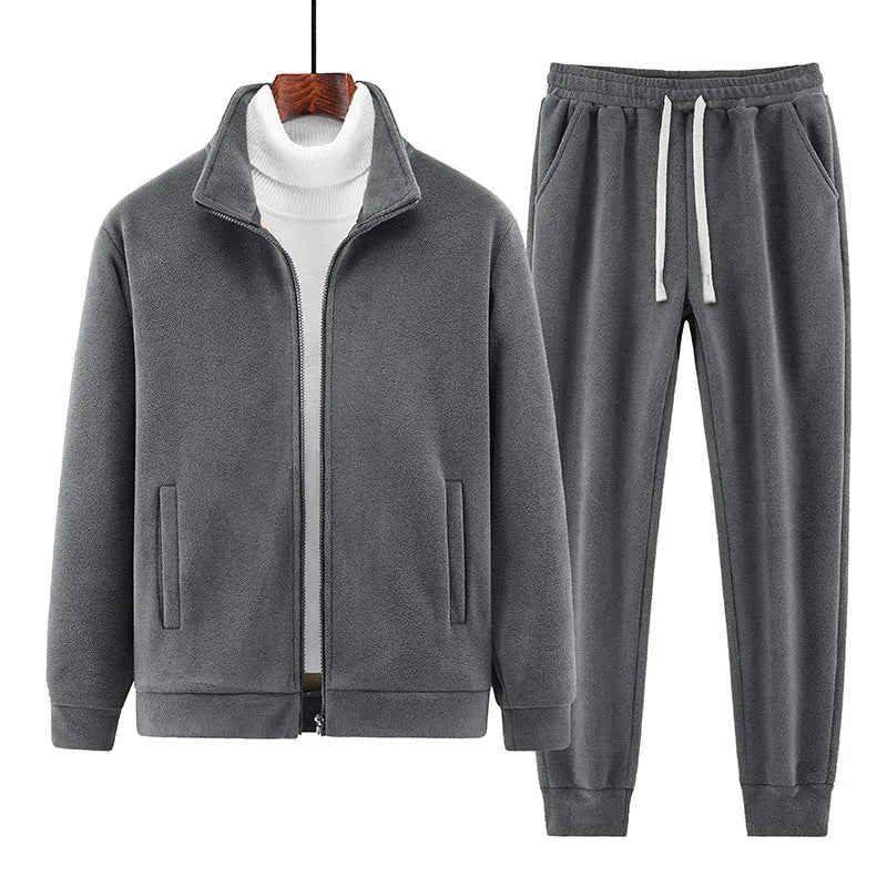 Men's sports leisure cardigan suit set in grey with long sleeve top, trousers, and matching shoulder bag on model