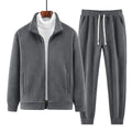 Men's sports leisure cardigan suit set in grey with long sleeve top, trousers, and matching shoulder bag on model