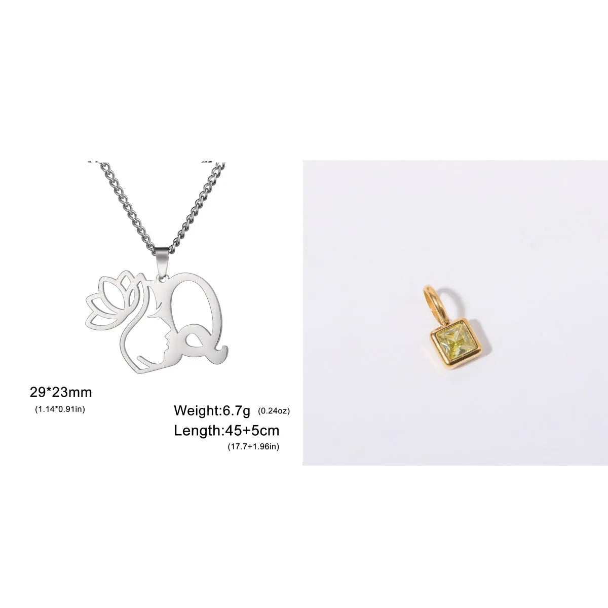 Stainless steel cross chain necklace with a pendant, available in gold or silver electroplated finish.