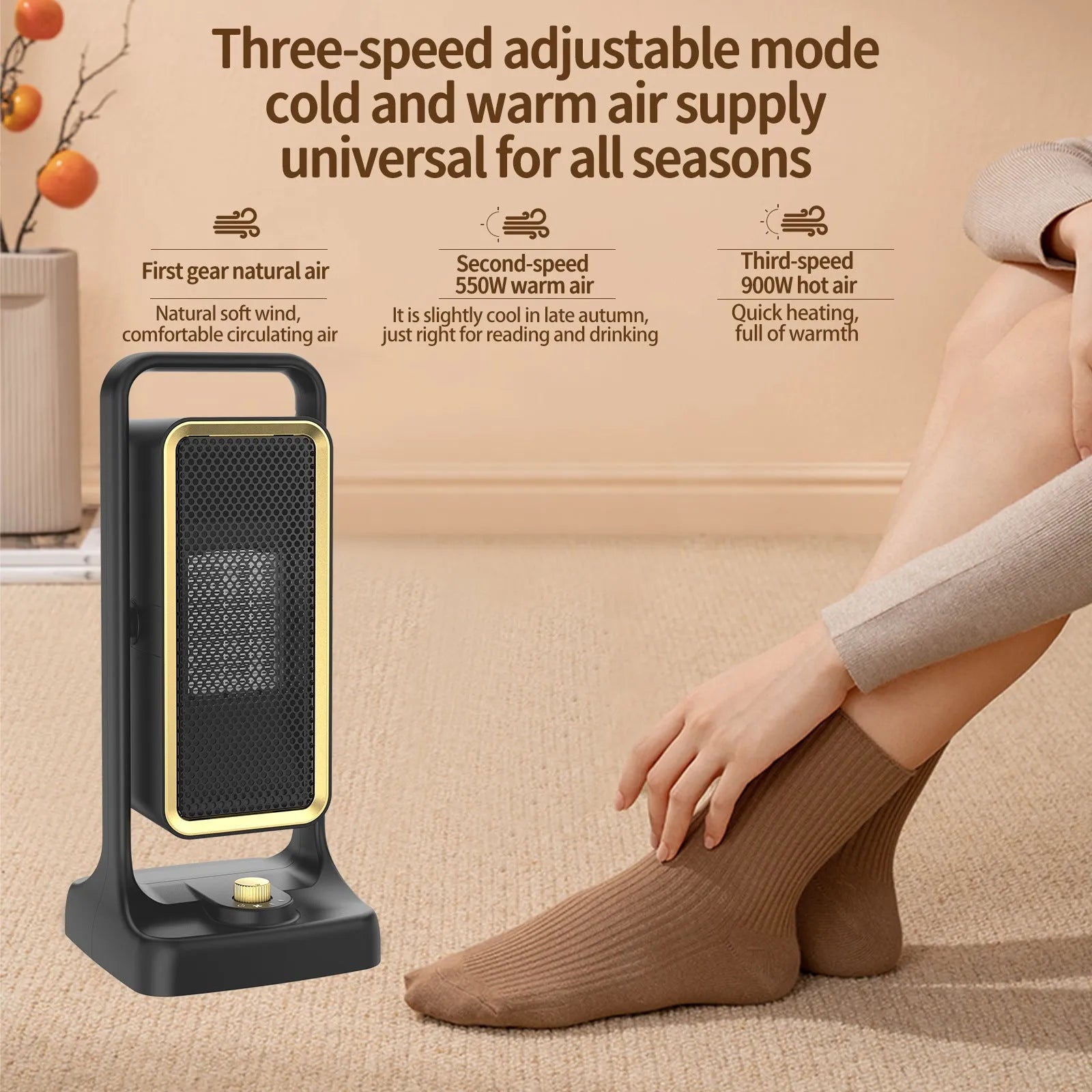 Black desktop PTC ceramic air heater with control knob, measuring 14.9cm wide by 33.5cm tall.