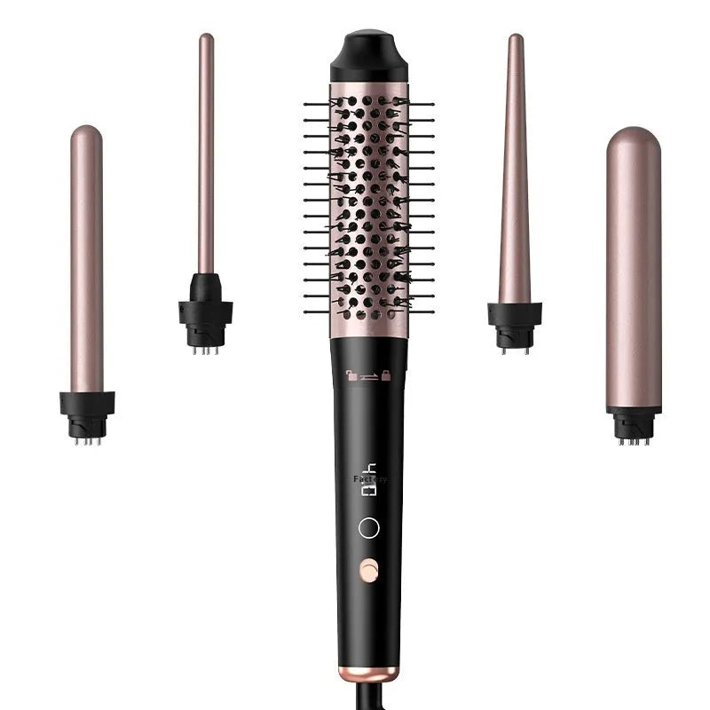 Automatic large wave hair curler appliance in rose gold or black with three headband attachments.