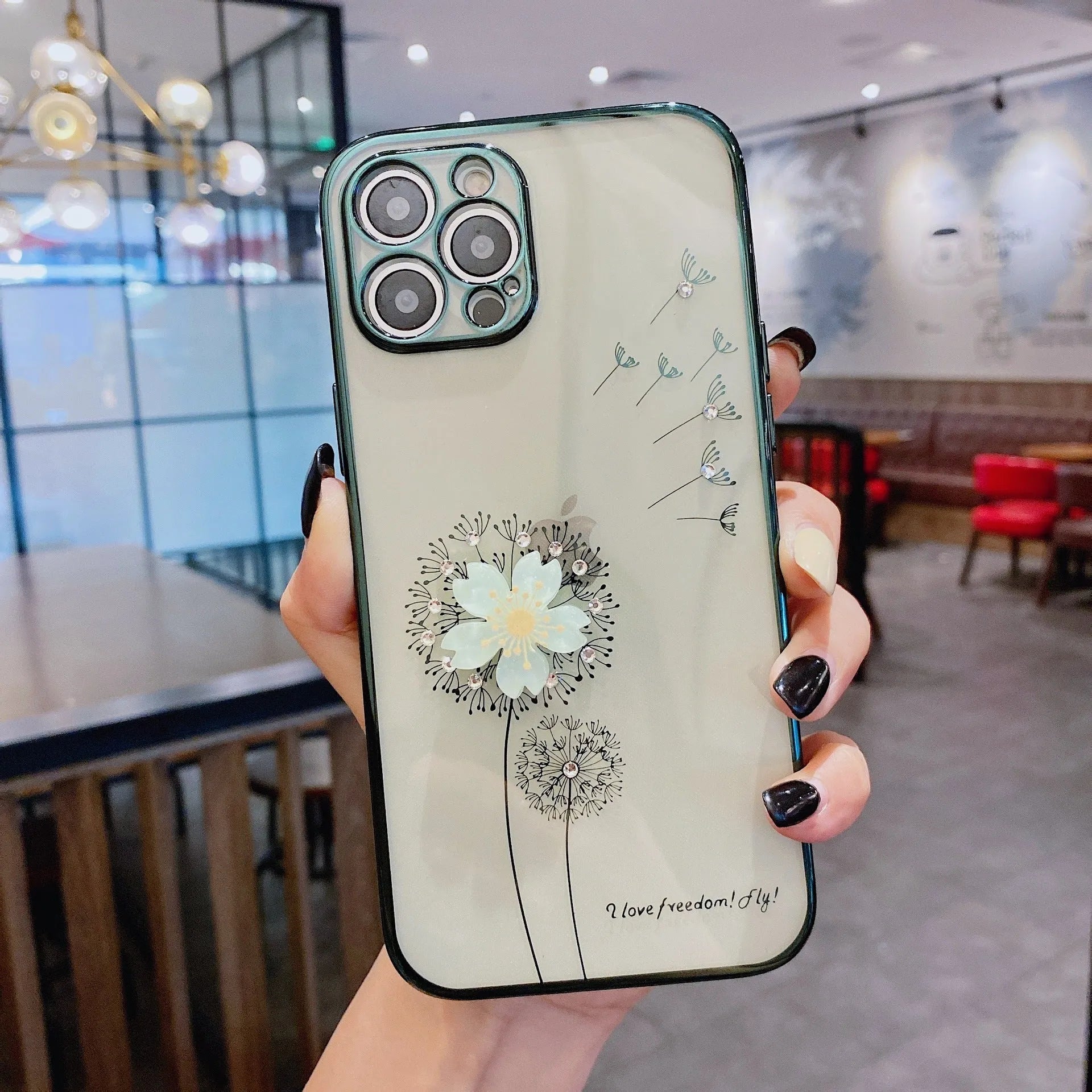 3D rotating flower silicone phone case for iPhone with built-in screen protector in green colour