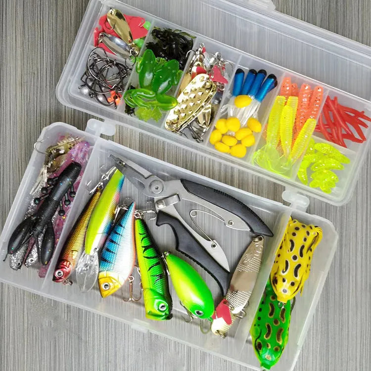 142-piece fishing lure kit showing hard minnow lures with sequins and fishing pliers