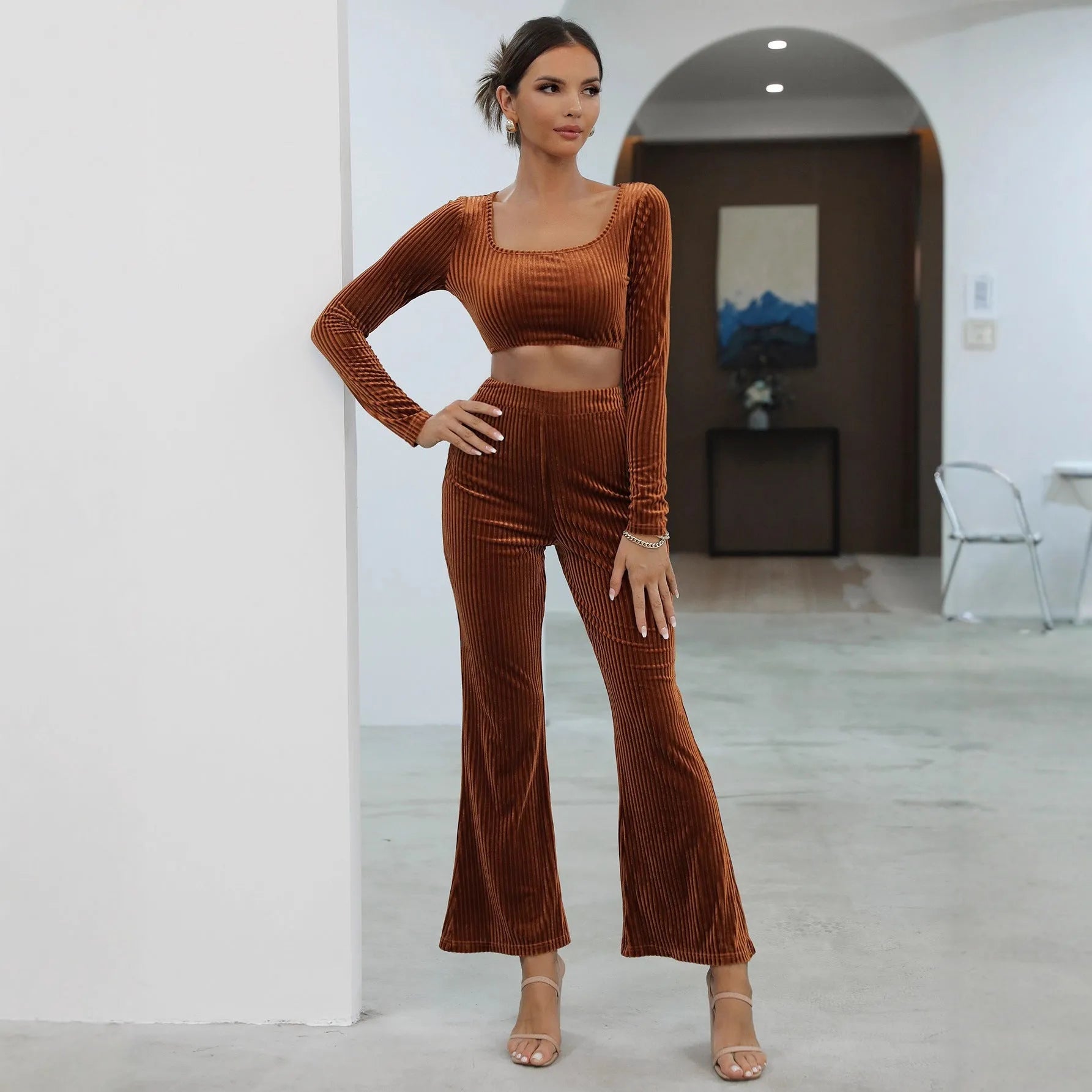 Caramel coloured long sleeve sweater and trouser casual set with Asian sizing options