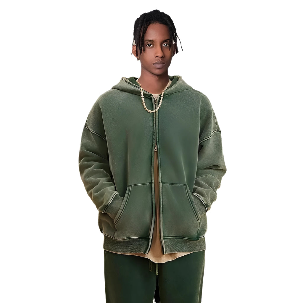 Men's zip-up hooded cardigan in cotton with fleece lining, shown in dark green
