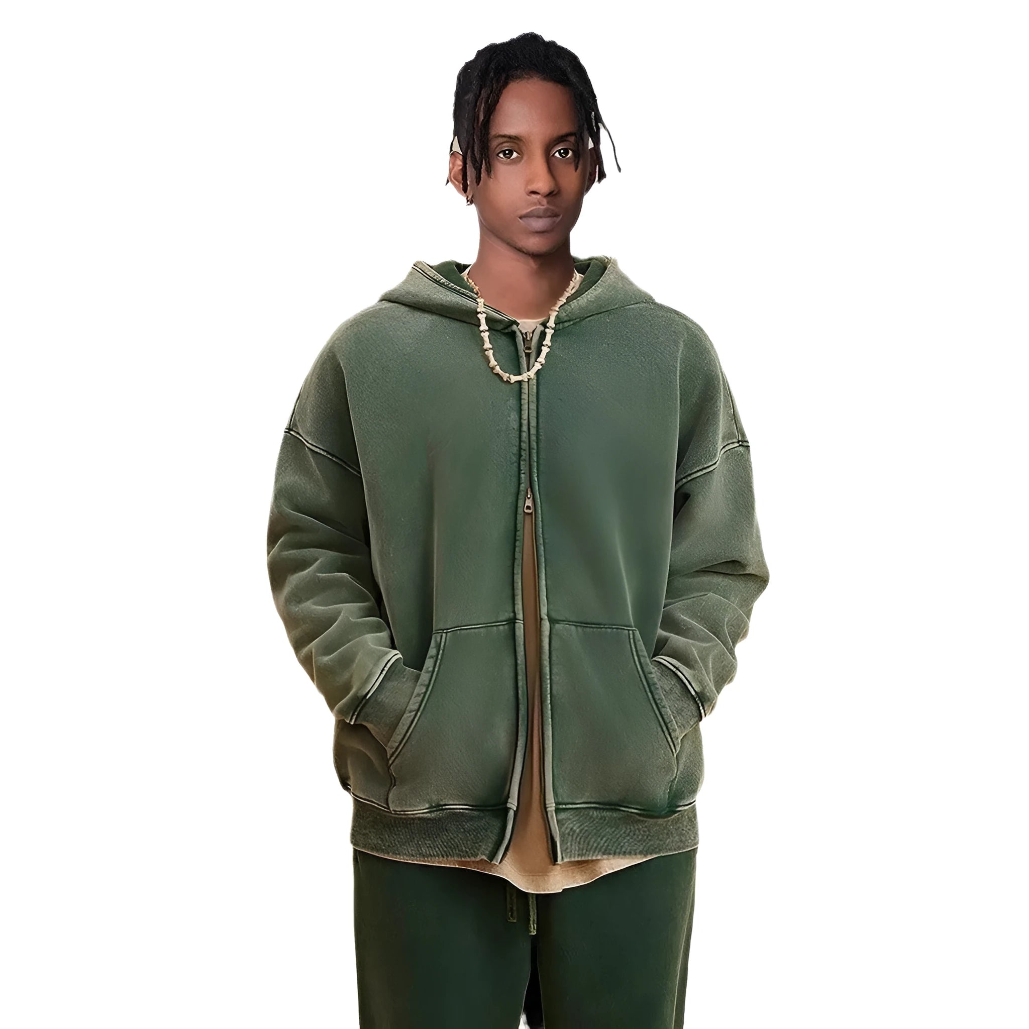 Men's zip-up hooded cardigan in cotton with fleece lining, shown in dark green