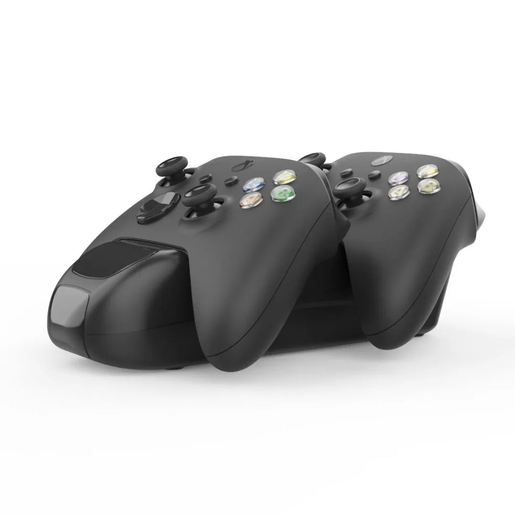 Black Xbox Series X dual controller wireless charging station with LED lights and Type-C cable.