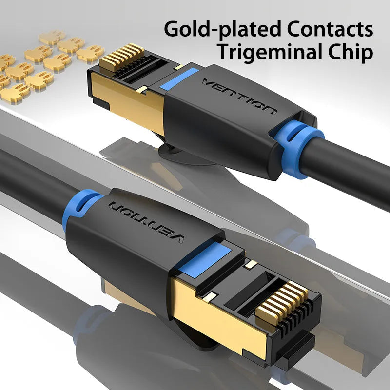 A shielded CAT8 Ethernet network cable with RJ45 connectors, shown in both flat and round style options.