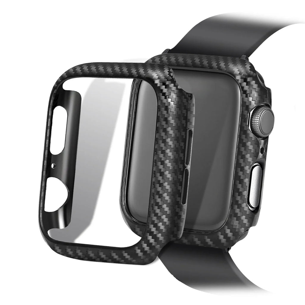 Carbon fibre pattern leather iPhone watch strap and matching hard shell case in four colour options