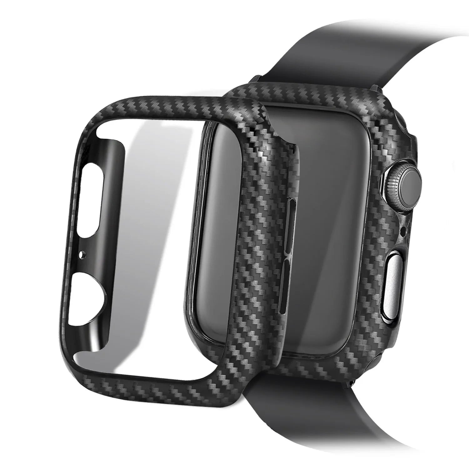 Carbon fibre pattern leather iPhone watch strap and matching hard shell case in four colour options