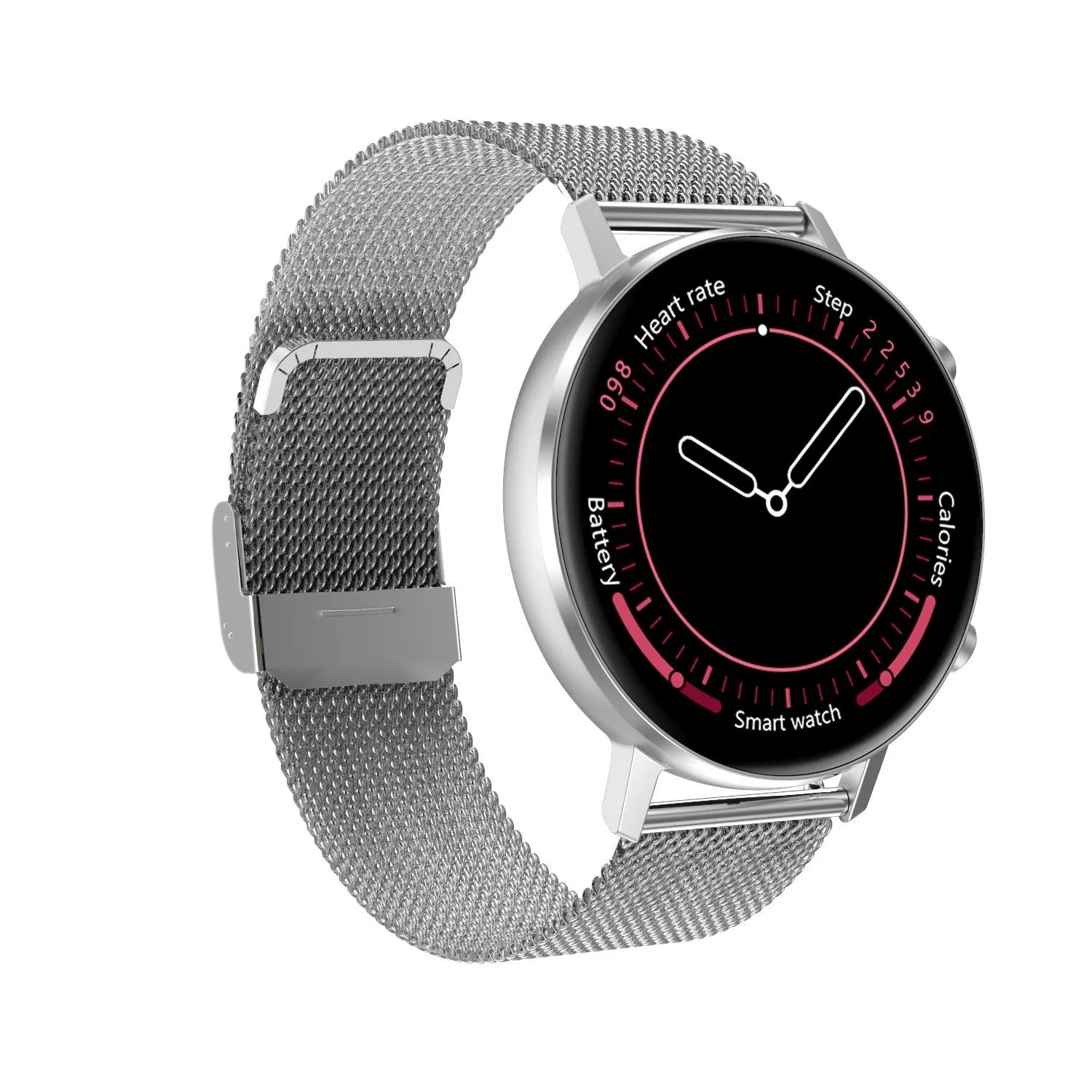 DT96 smart bracelet with stainless steel strap and 1.3 inch rectangular screen showing black, rose gold, and silver colour options