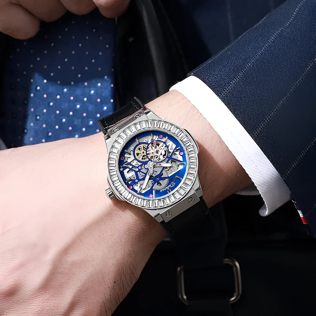 Men's automatic mechanical watch with diamond studded case and hollow movement visible