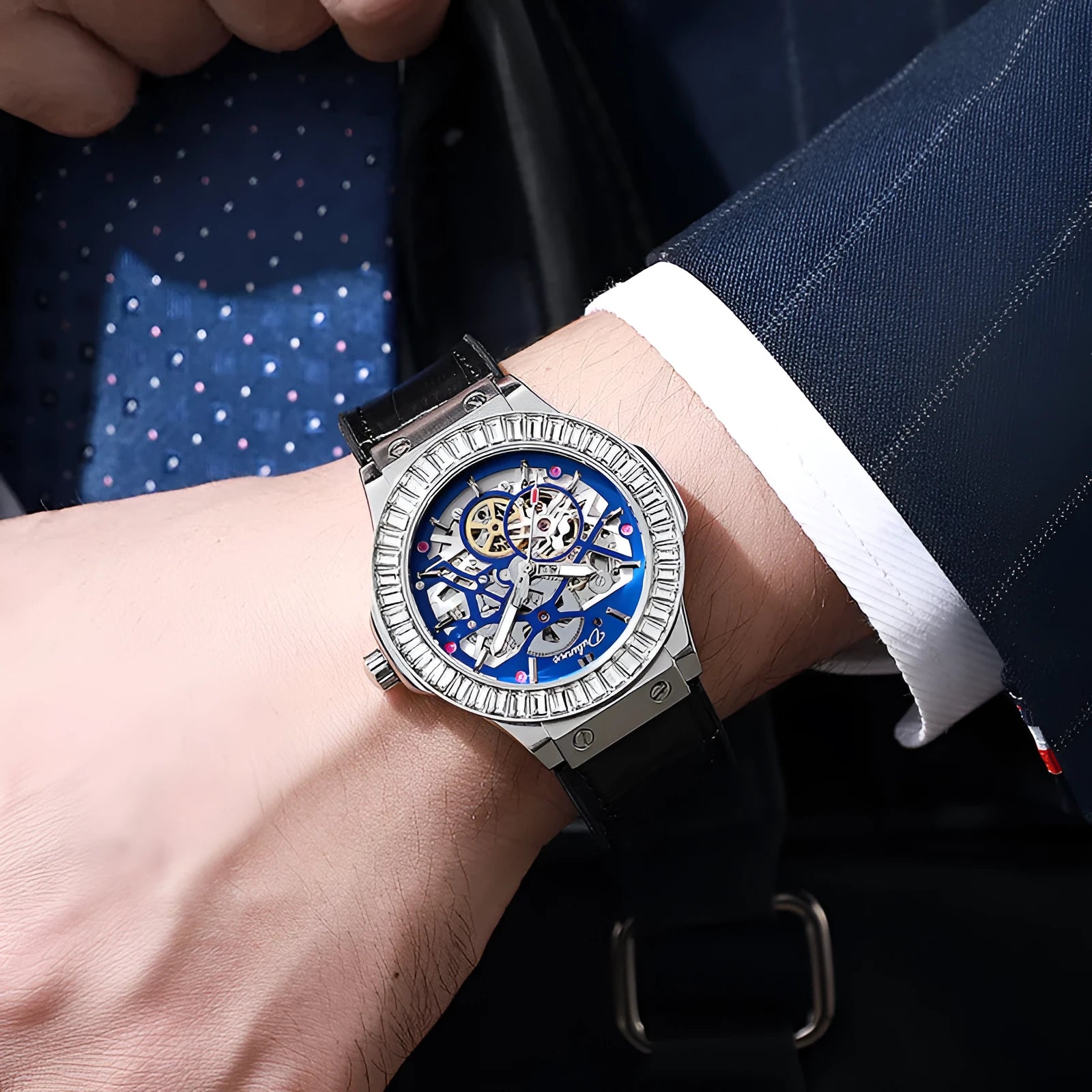 Men's automatic mechanical watch with diamond studded case and hollow movement visible