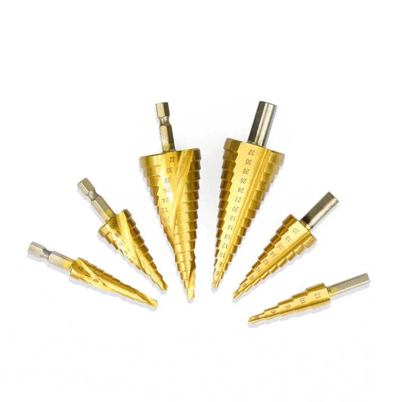 High speed steel step drill bit set with centre punch showing multiple hole sizes from 3mm to 32mm