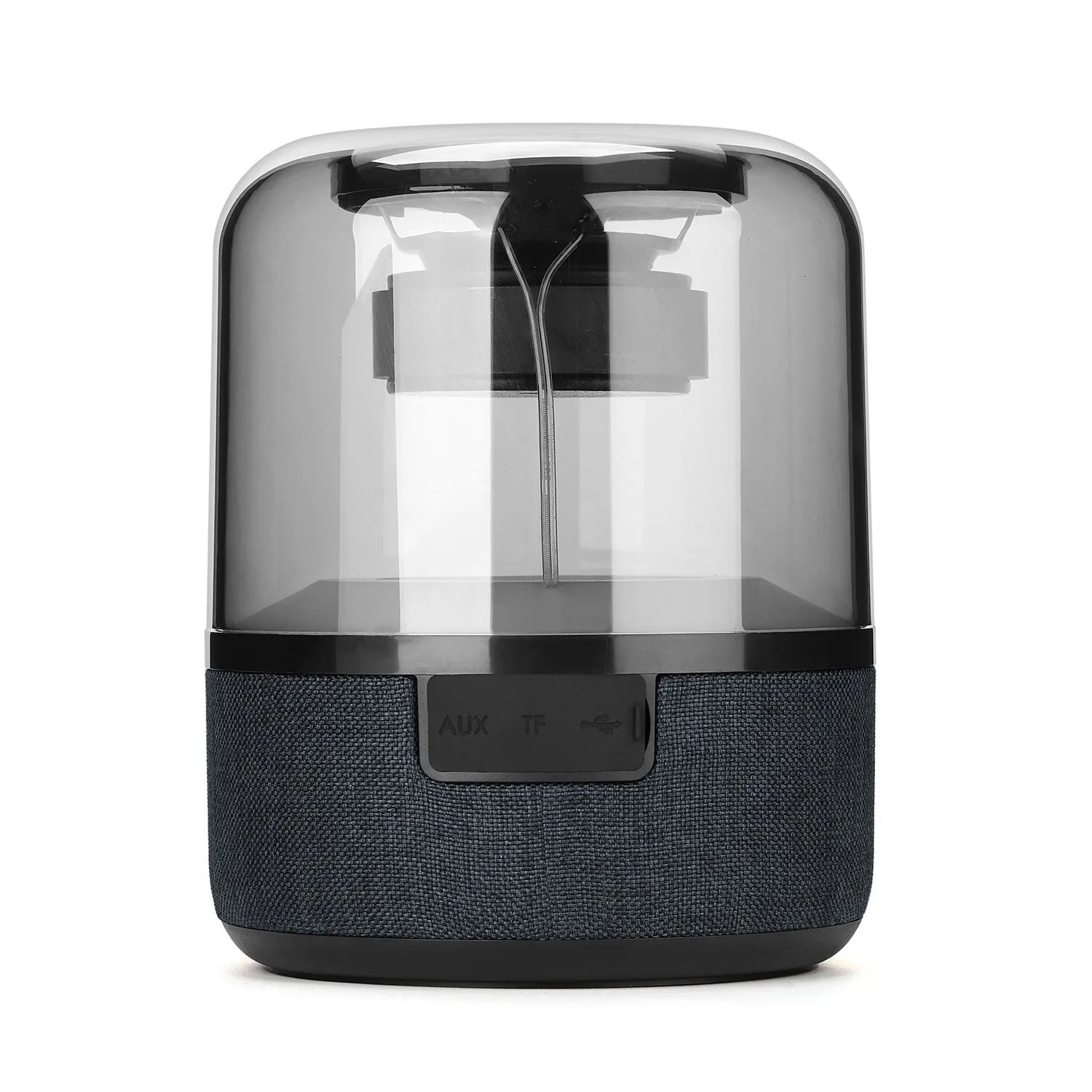Black wireless Bluetooth speaker with touch controls, showcasing its compact design and 360-degree sound output.