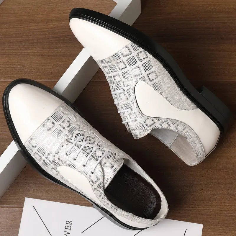 Men's black PU leather business shoes with rubber non-slip sole, side view on light background