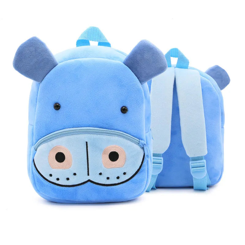 Children's plush animal backpack with zipper opening showing elephant design and dimensions 26x24x10cm