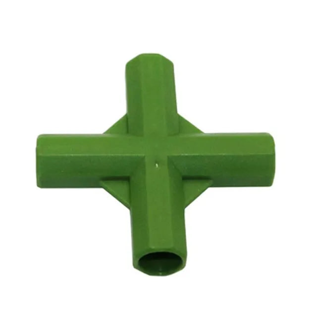 White plastic three-way and four-way garden stake connectors for 11mm poles