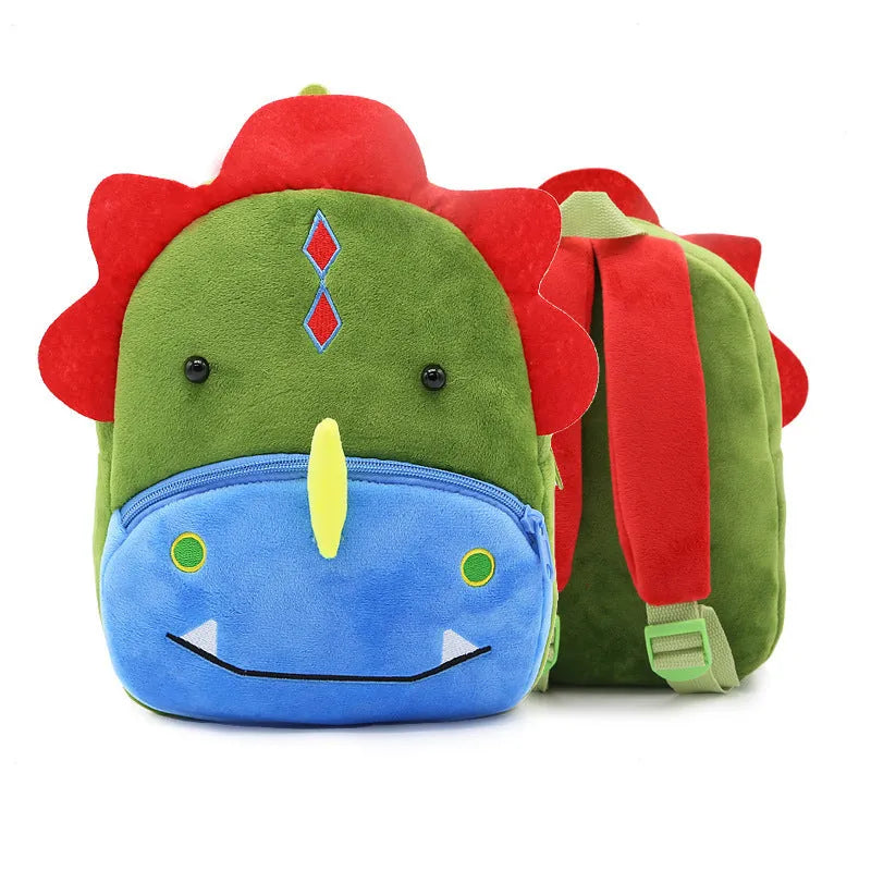 Children's plush animal backpack with zipper opening showing elephant design and dimensions 26x24x10cm