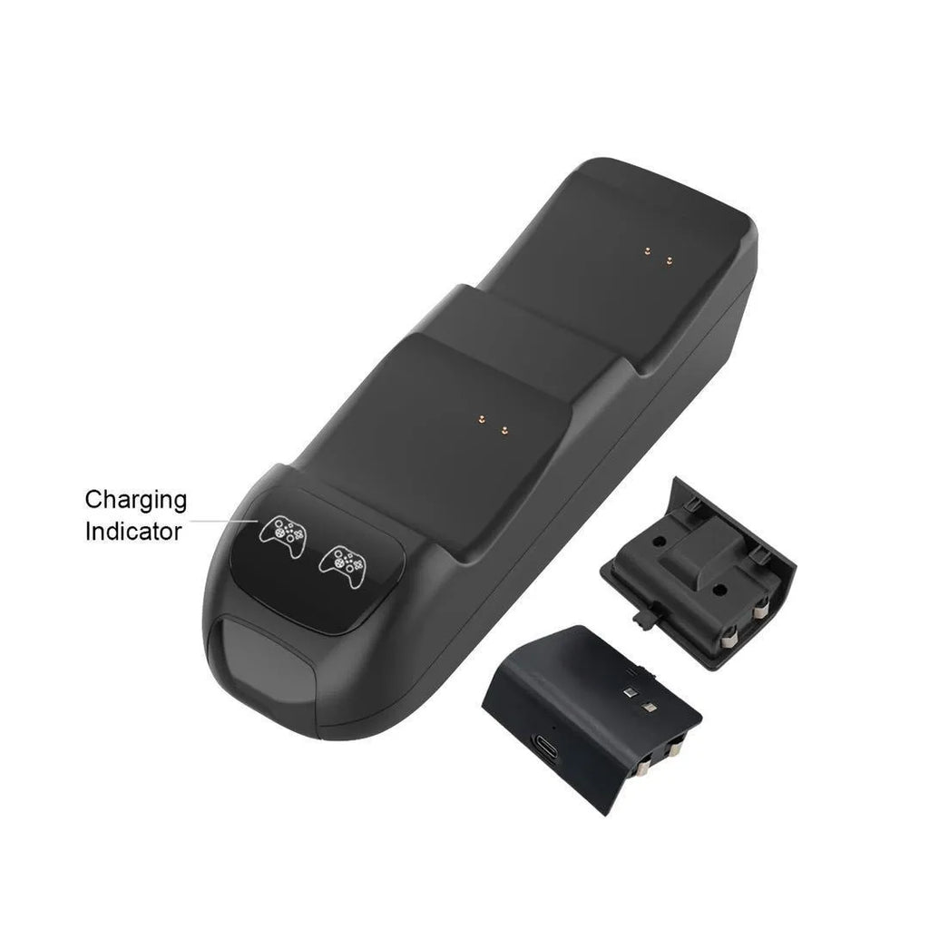 Black Xbox Series X dual controller wireless charging station with LED lights and Type-C cable.