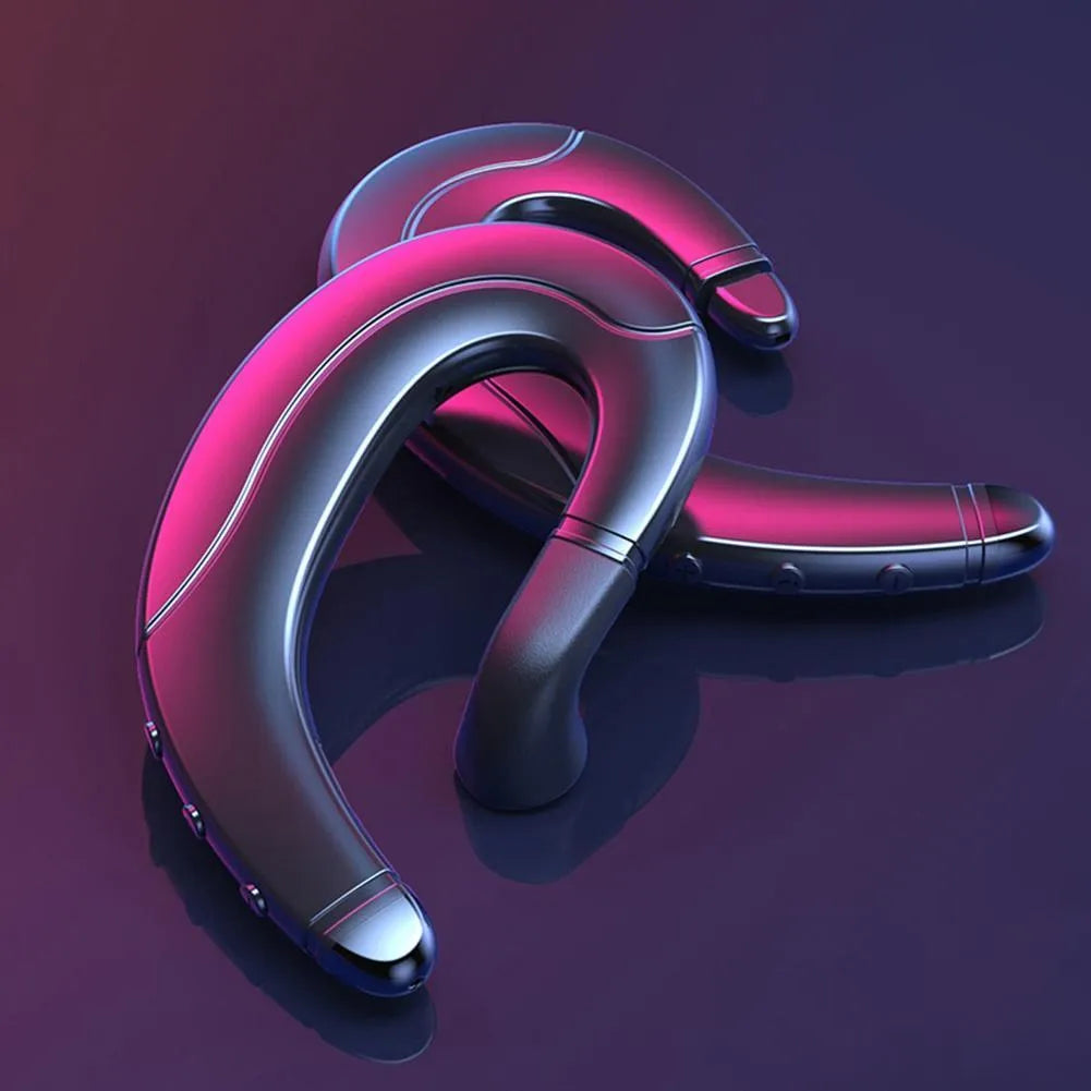 Single-ear Bluetooth ear-mounted headset shown in black, blue, and red colour options.
