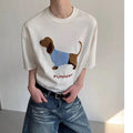 Grey men's cotton T-shirt with embroidered sausage dog and towel design on front.
