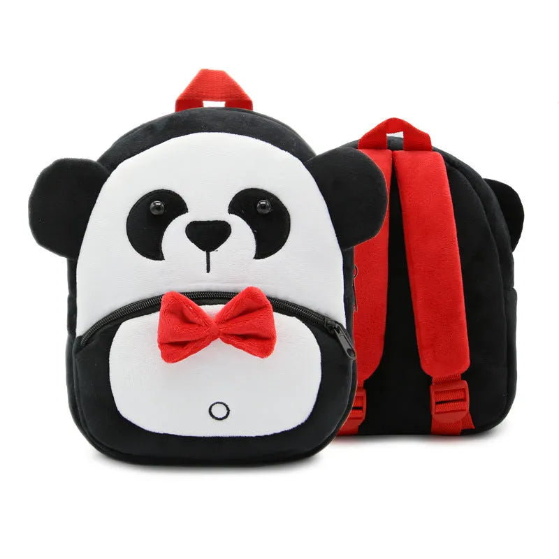 Children's plush animal backpack with zipper opening showing elephant design and dimensions 26x24x10cm