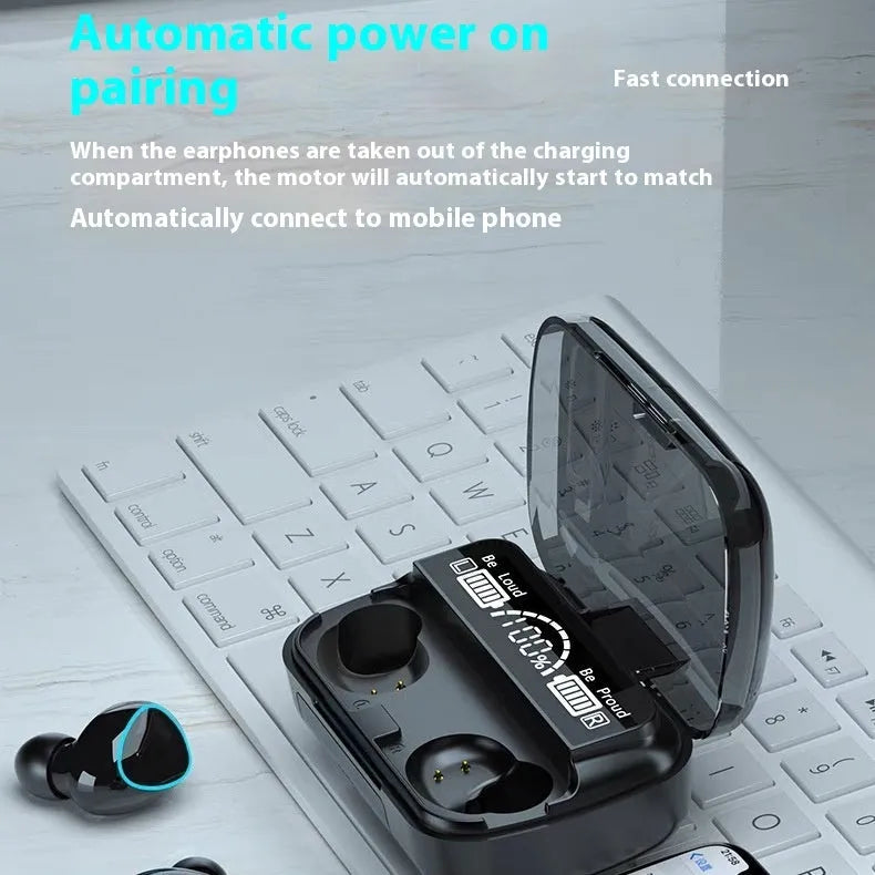 Black sports Bluetooth stereo earphone with digital display charging cabin, magnetic charging, and in-ear design