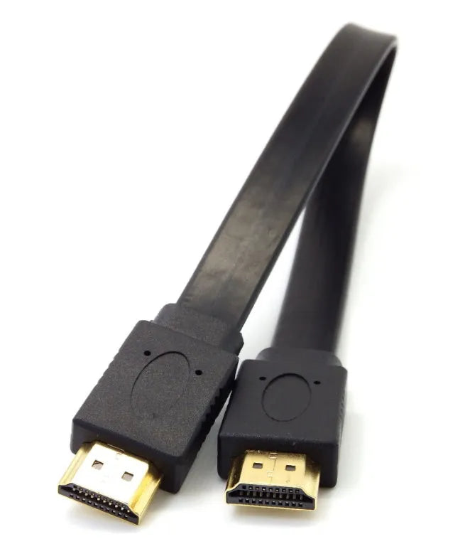 Flat HDMI cable with standard connectors showing thin profile design for 1080P video transmission