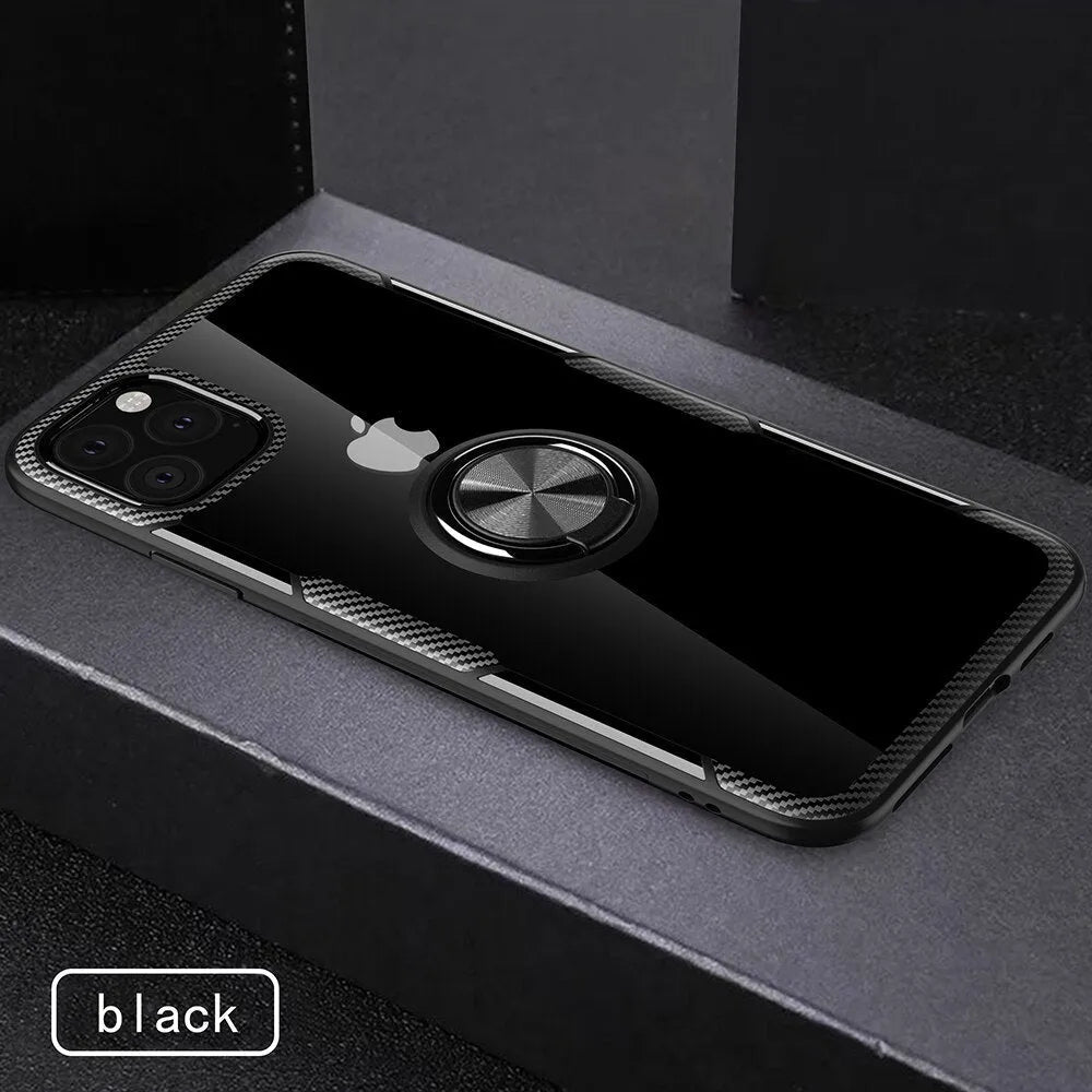 Black PU leather iPhone case for iPhone 11 Pro Max showing button and port access.