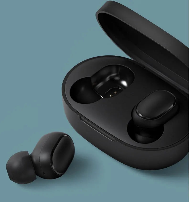 Redmi AirDots 2 true wireless black earbuds with a charging case.