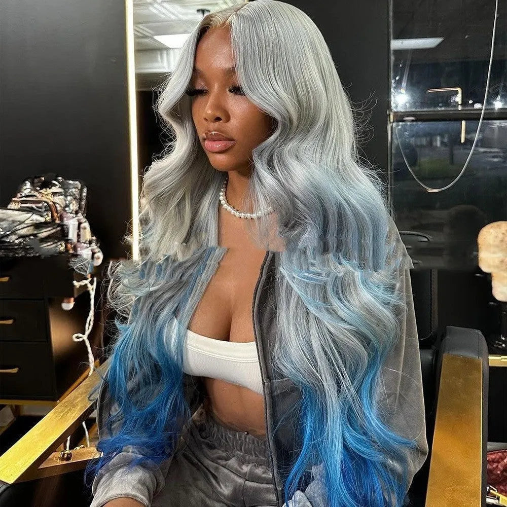 Grey to blue gradient human hair lace front topper on a wig stand.