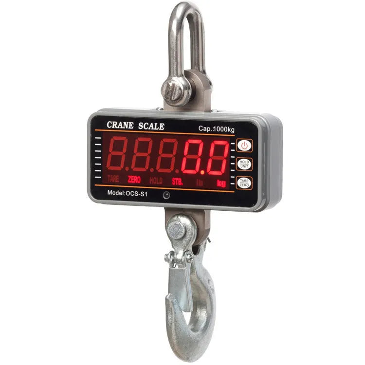 Orange electronic crane scale with digital display, shown with a 500 kg maximum load capacity rating.