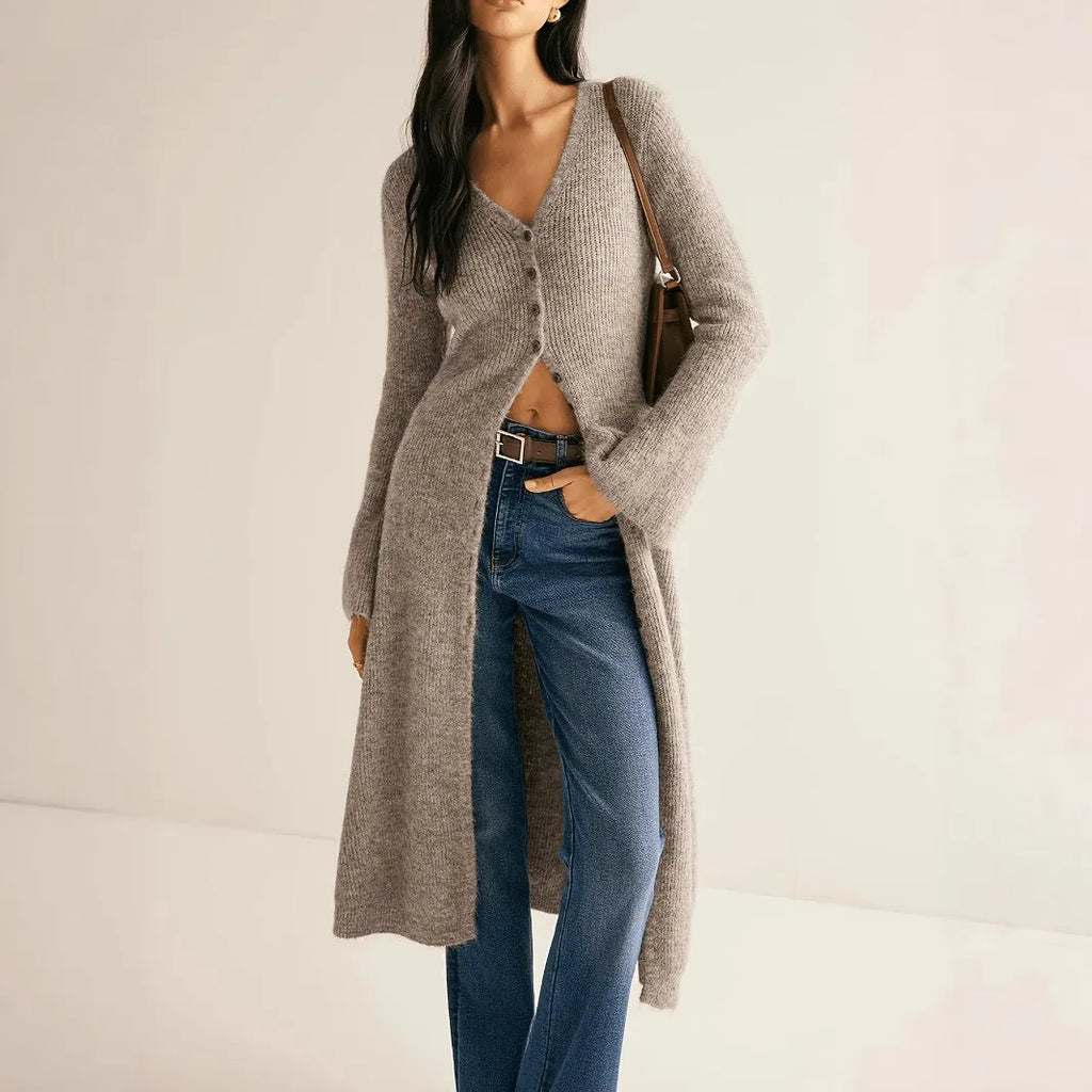 Khaki French retro style women's cardigan coat with button fastenings and long sleeves
