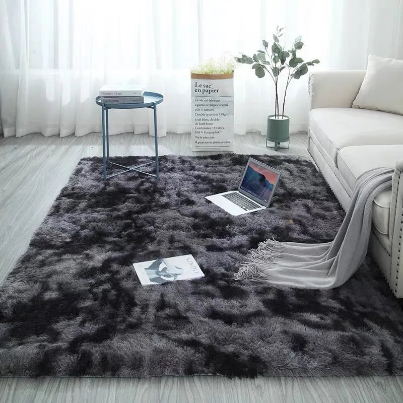 Long hair tie-dyed gradient polyester carpet in a living room setting showing soft texture and colour transition