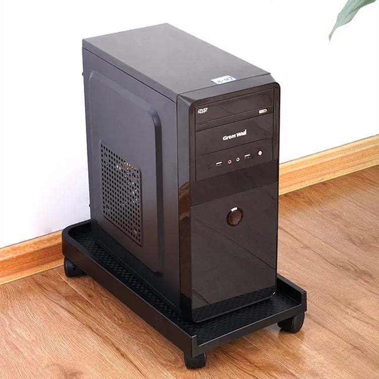 Orico black CPU floor stand with wheels holding a desktop tower vertically on a hard floor