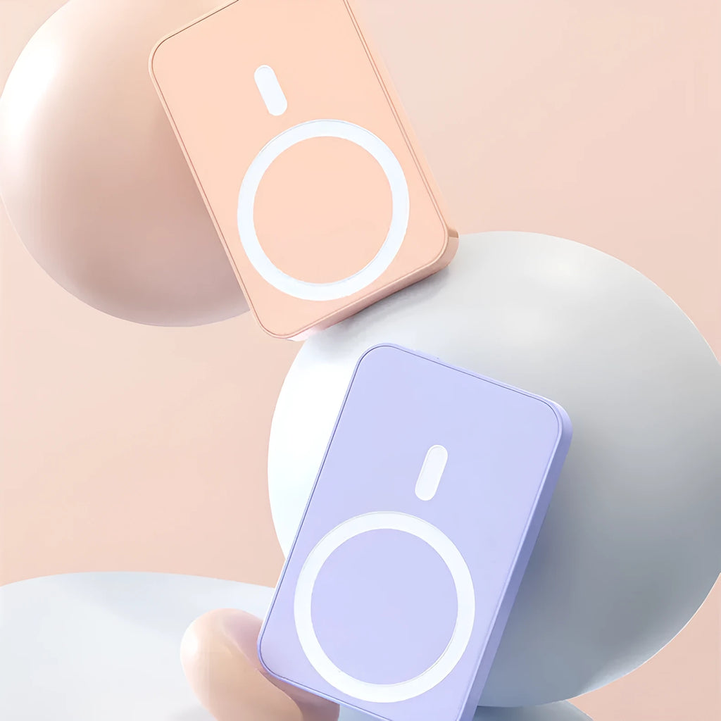 Pink magnetic wireless power bank with 20000mAh capacity showing dimensions 100x64x18mm
