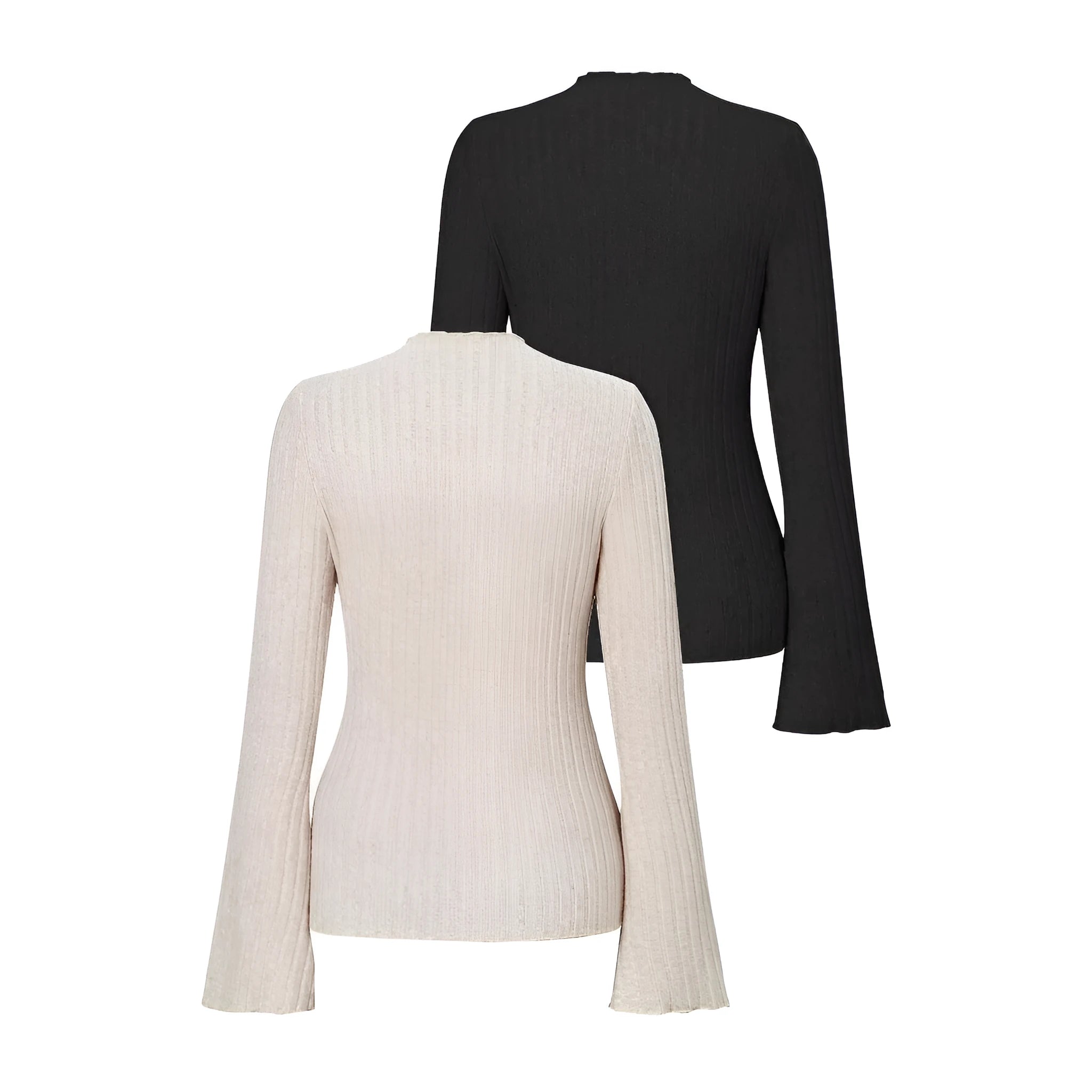 Long sleeve round neck top in black with sunken stripe pattern and lantern sleeves