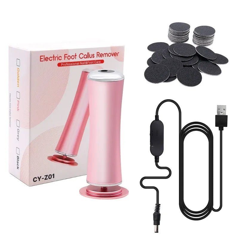 Electric foot callus remover with 60 replacement sandpaper discs, pink and black variants