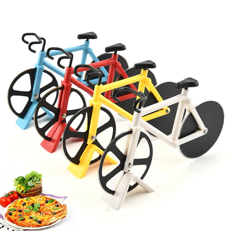 Bicycle-shaped pizza cutter with stainless steel wheel and ABS handle, red colour