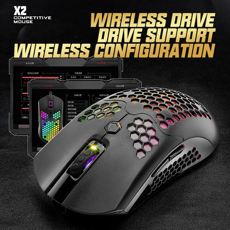 Free Wolf X2 wireless gaming mouse in black with RGB lighting, showing ergonomic shape and side buttons.
