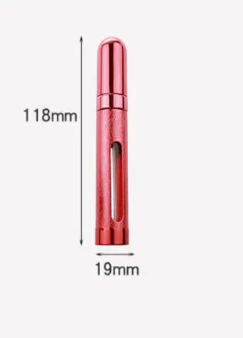 12ml aluminium portable perfume bottle in bullet shape with glass liner, shown in six colour options.
