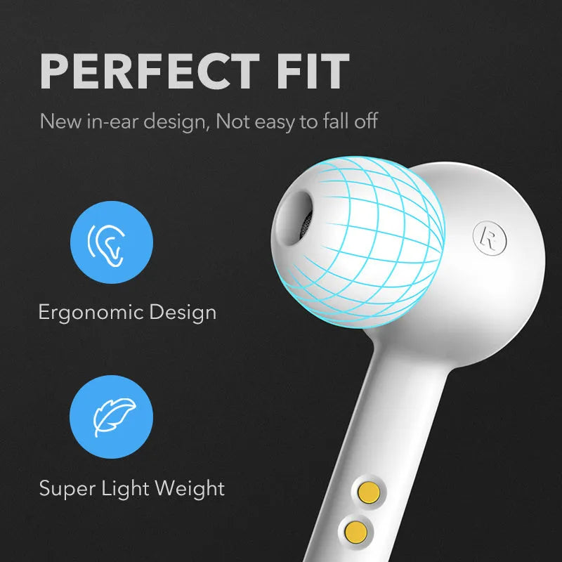 Black and white TWS wireless Bluetooth 5.0 in-ear headphones with IPX5 rating.