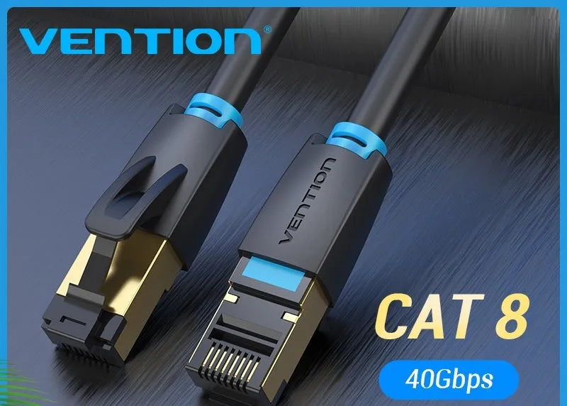 A shielded CAT8 Ethernet network cable with RJ45 connectors, shown in both flat and round style options.