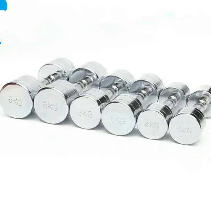 Silver pure steel electroplated dumbbell with ergonomic grip on a grey background.